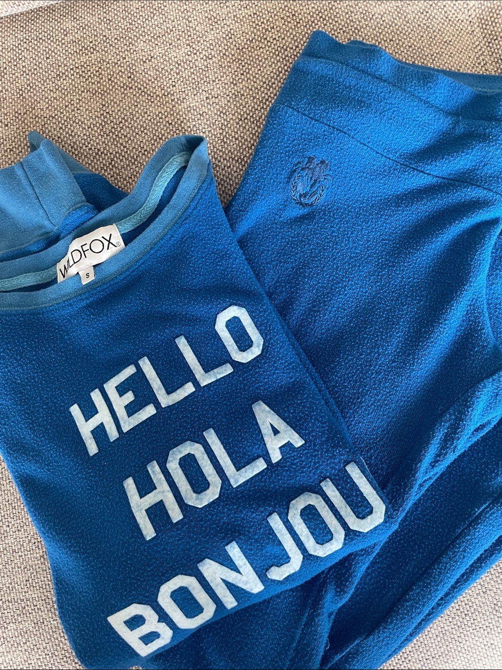 Wildfox Blue Multilingual Greeting Sweatshirt and sweatpants set